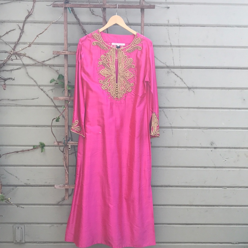 Kaftan by Jeannie McQueeny. Fuschia  silk dress.